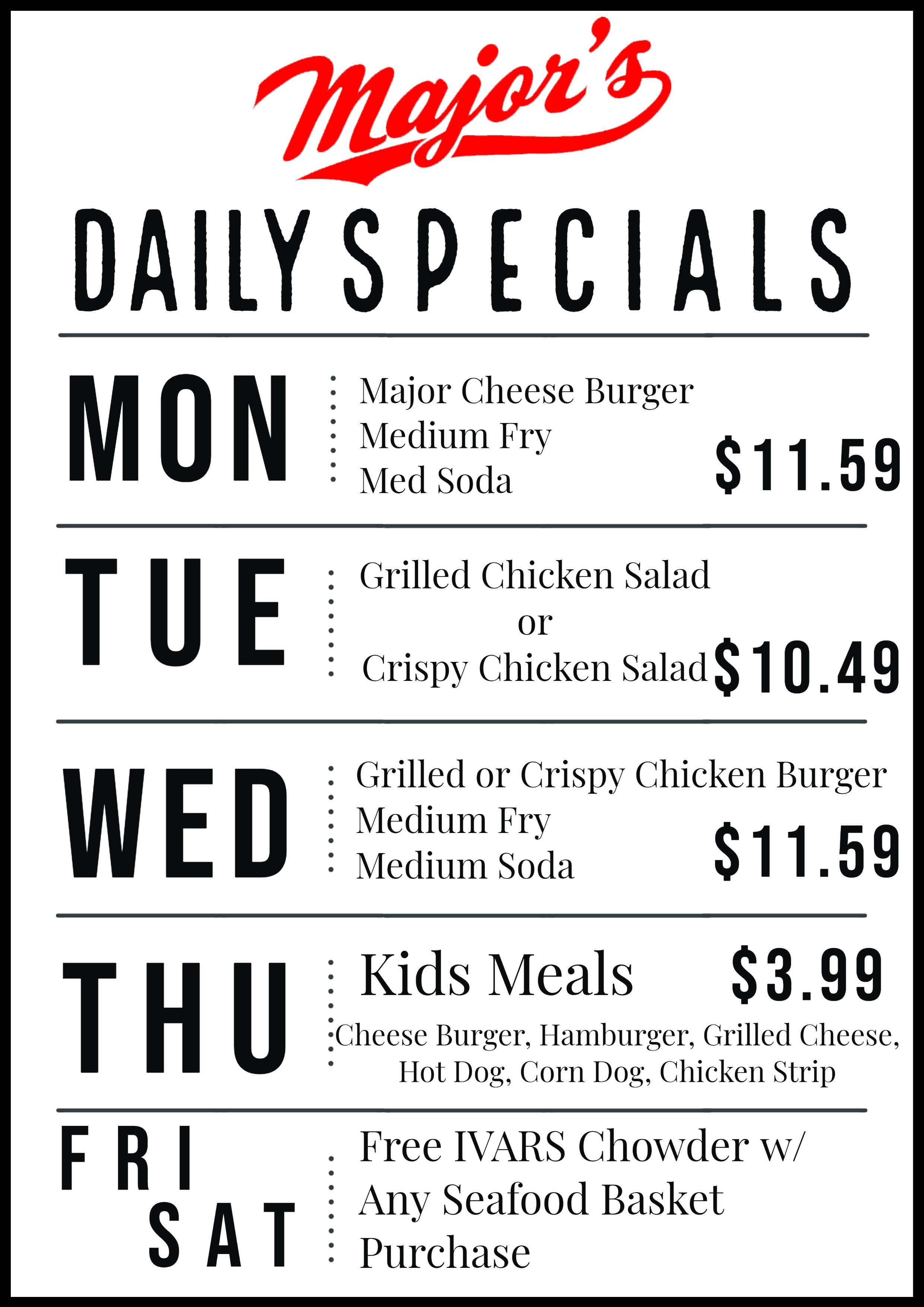 Daily Specials Major s Restaurant